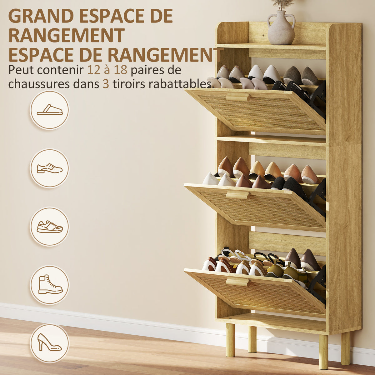 Meuble à chaussures 18 paires, armoire à chaussures étroite avec 3 tiroirs rabattables, étagères réglables, chêne