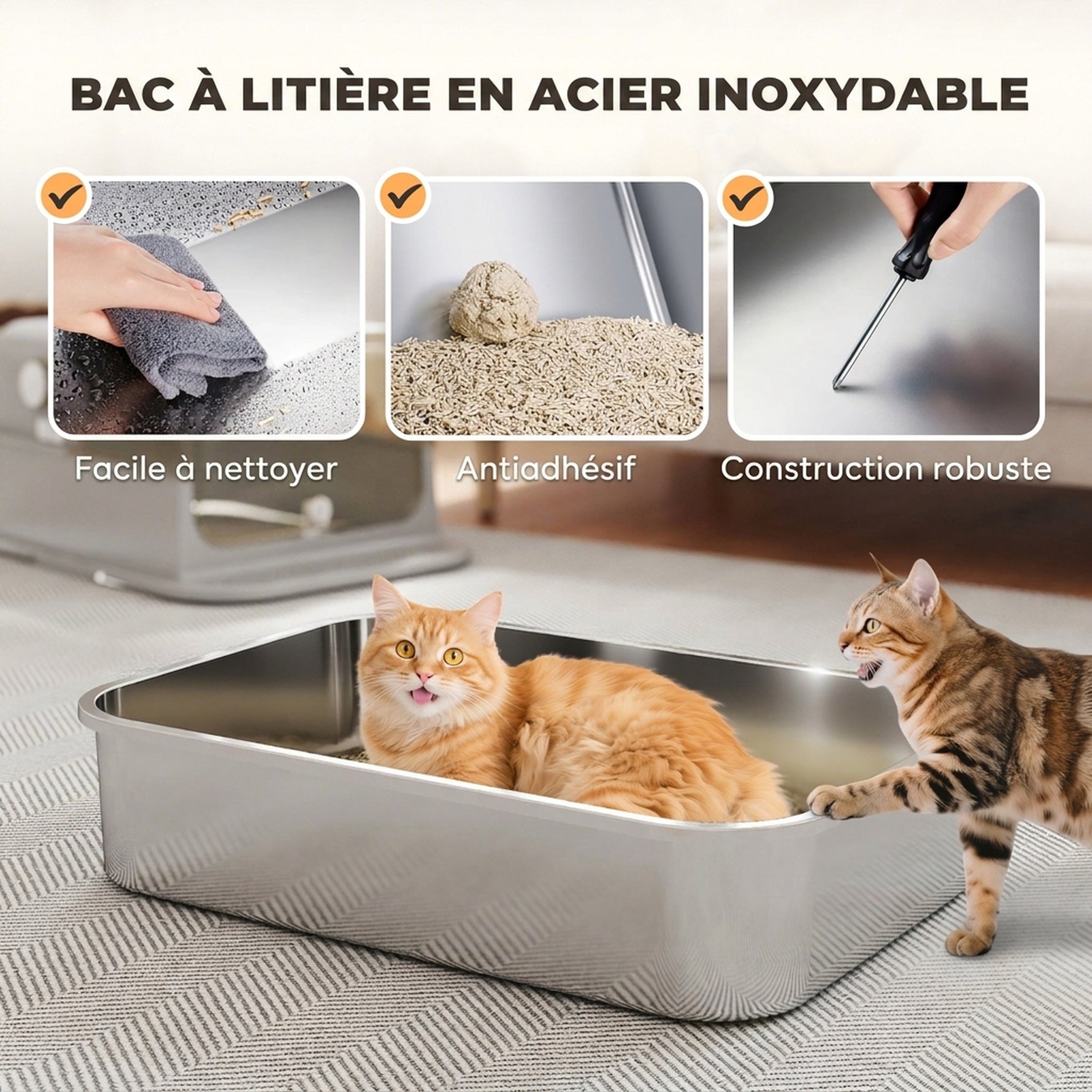 Maison de Toilette pour Chat XXL en Inox, Couvercle 90°, Double Porte, Filtre Frontal, Pelle, 70x50x46,5cm, Gris