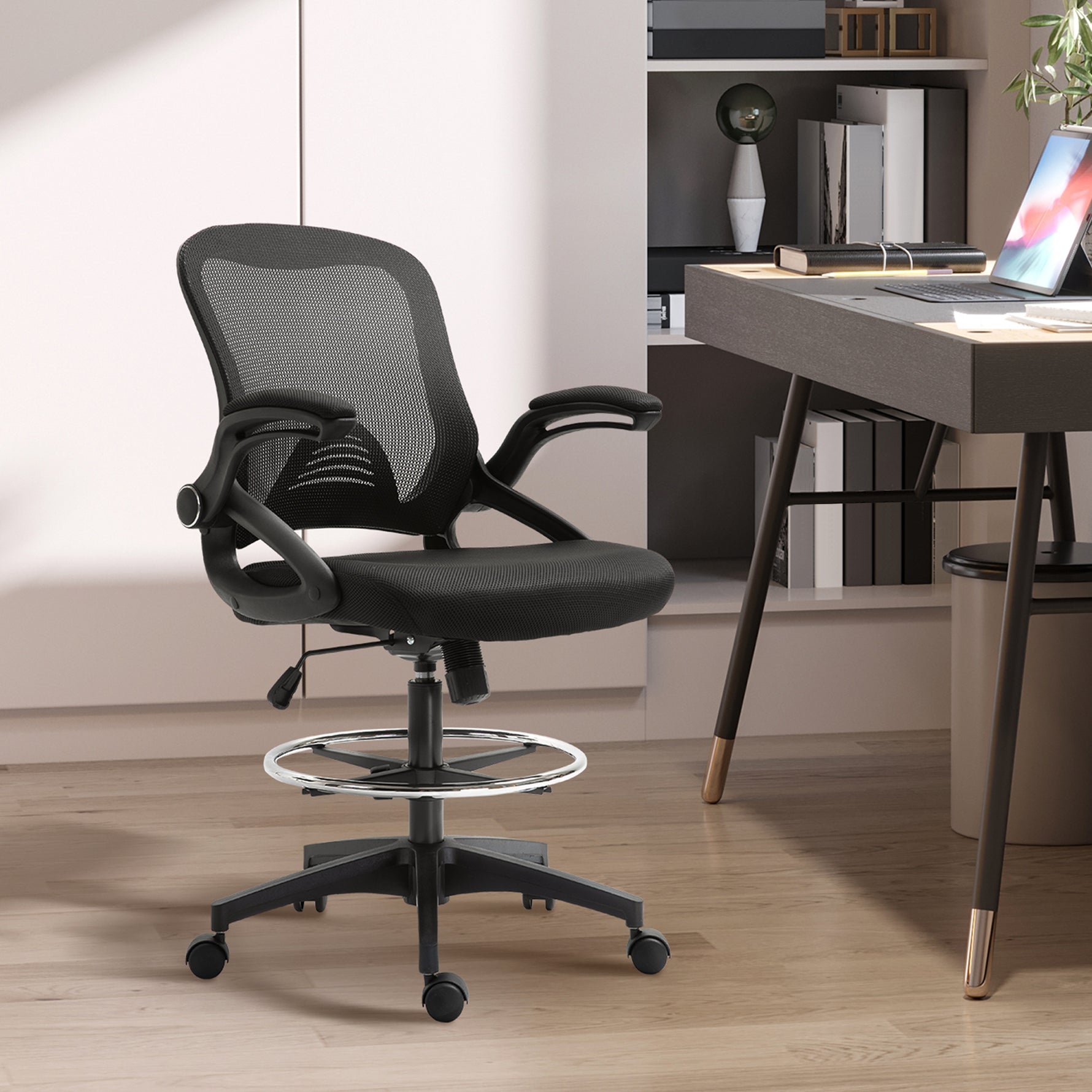 Chaise bureau ergonomique, fauteuil de bureau avec repose-pieds, chaise de dessin à dossier en maille, hauteur réglable, accoudoirs, assise rembourrée et pivotante 360°, noir
