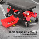 Tabouret d'atelier mobile 135 kg, tabouret de mécanicien avec roulettes rotatif à 360°, 64,5 x 33 x 35 cm, noir
