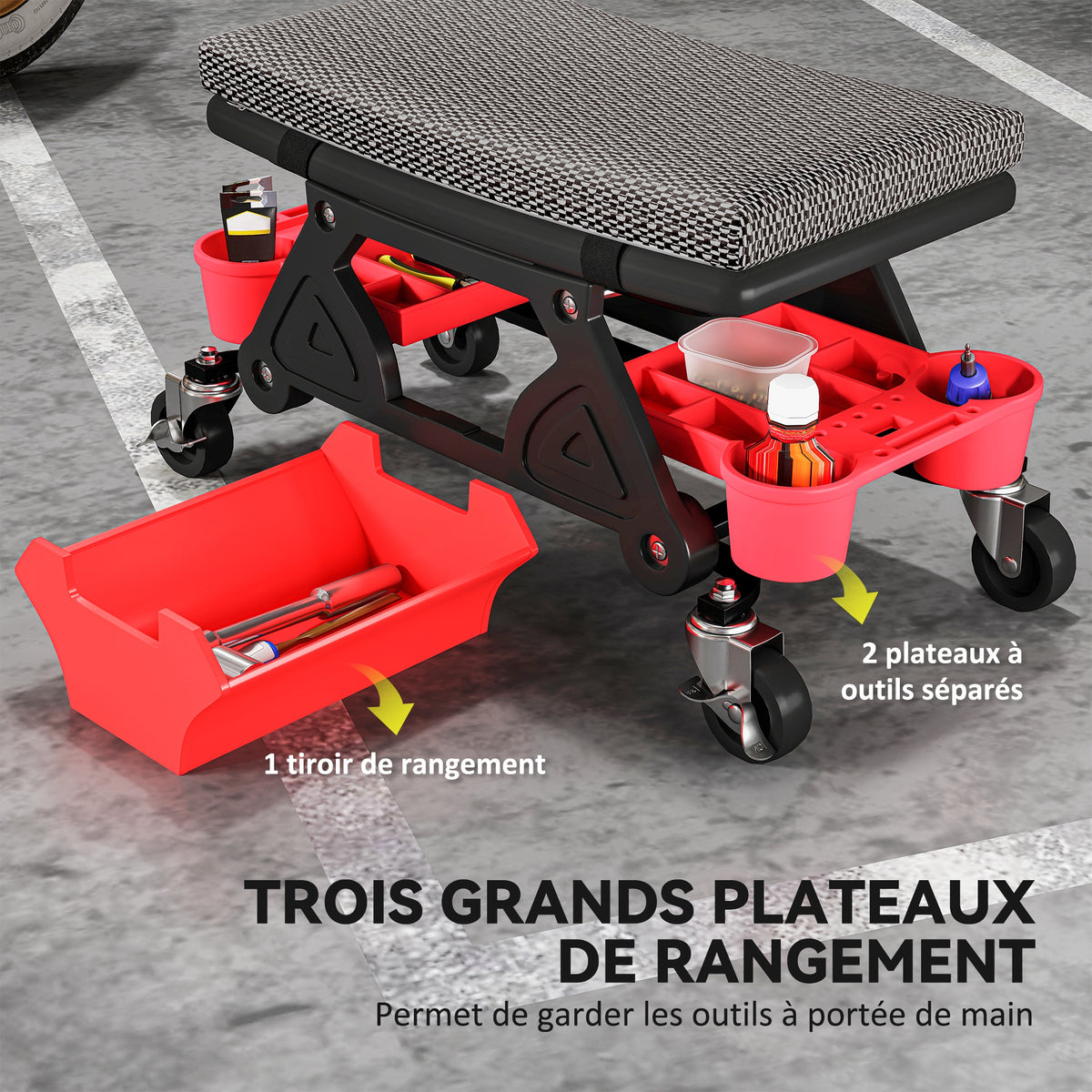 Tabouret d'atelier mobile 135 kg, tabouret de mécanicien avec roulettes rotatif à 360°, 64,5 x 33 x 35 cm, noir