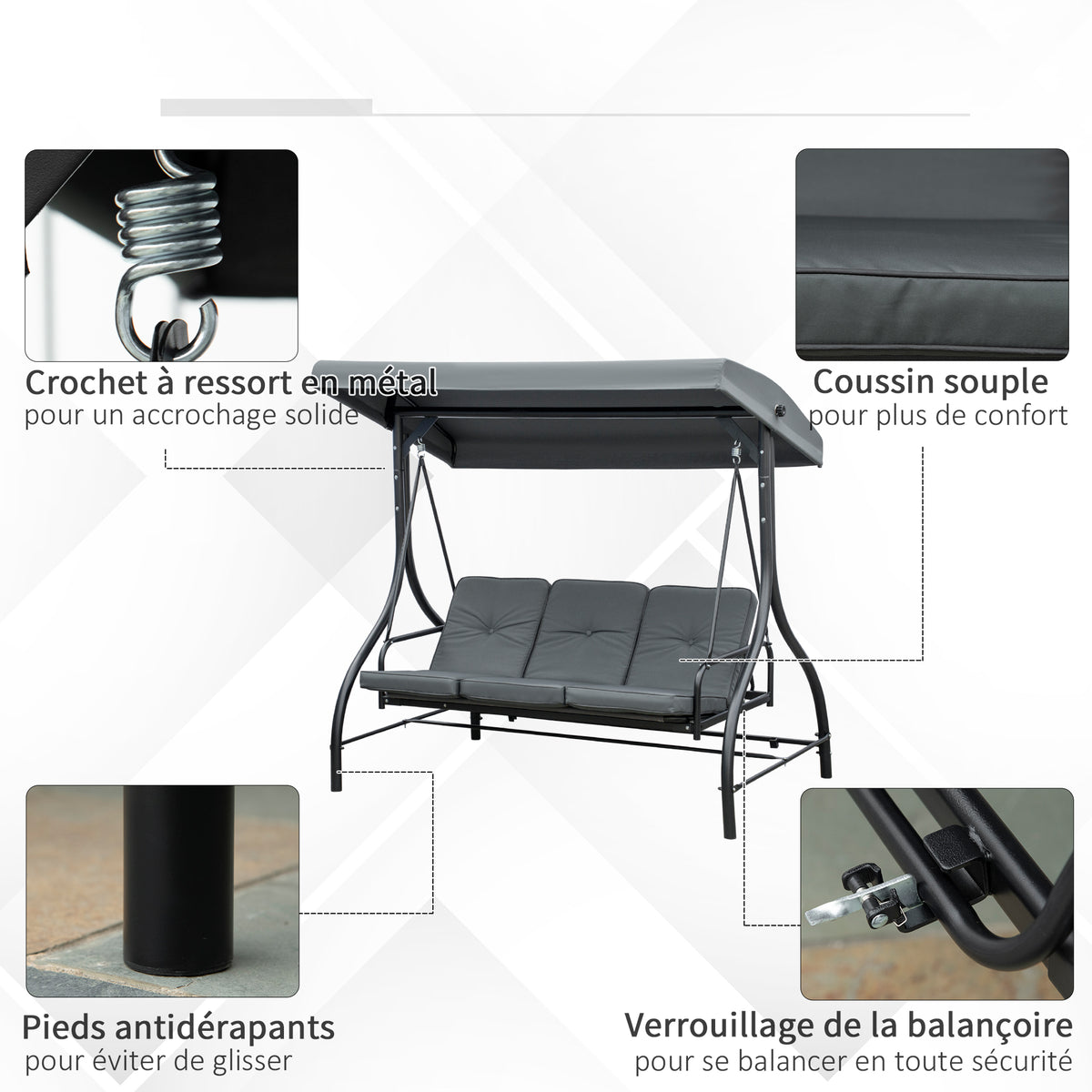Balancelle de Jardin 3 Places Convertible Inclinaison Toit réglable Matelas Grand Confort Rembourrage 7 cm fourni