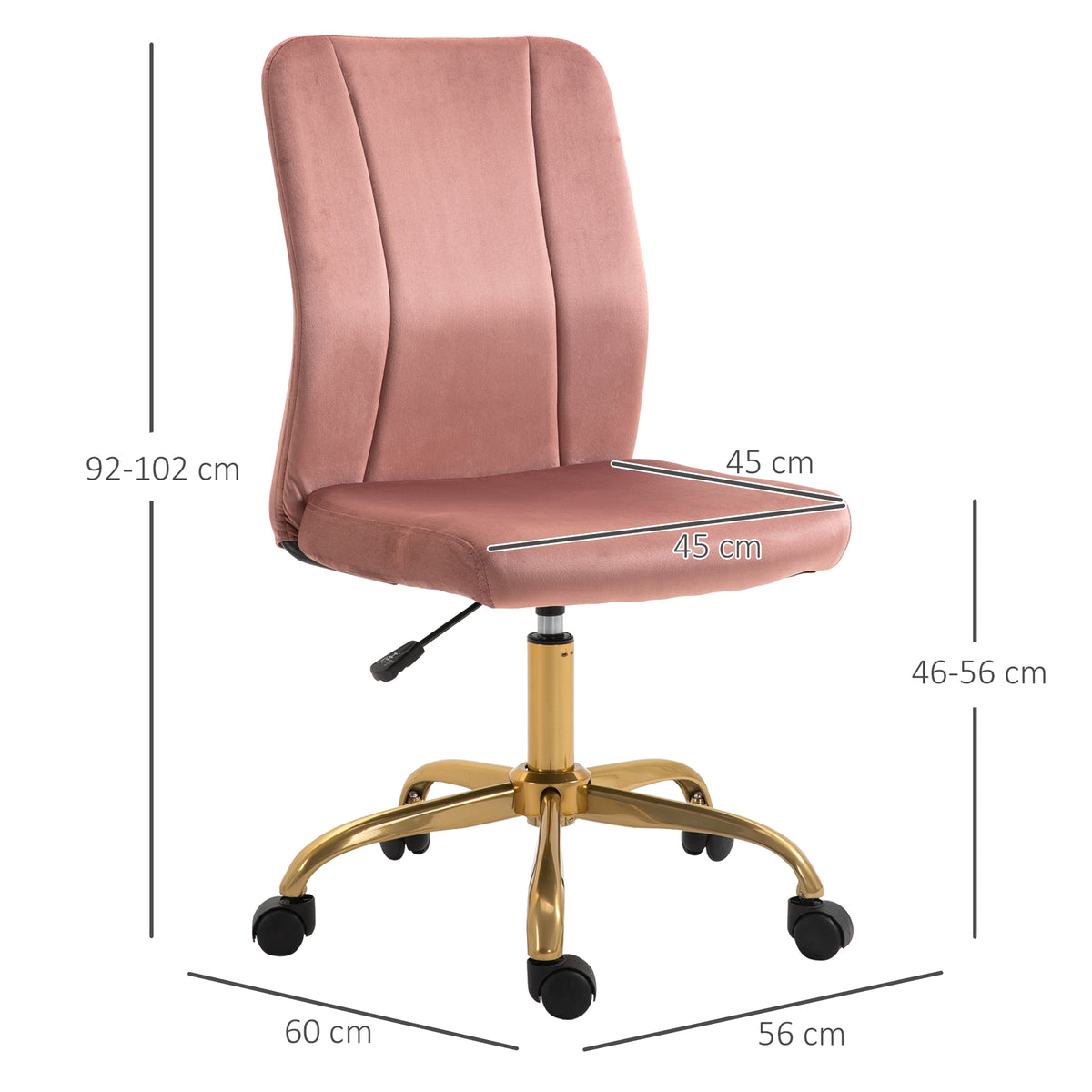 Chaise de bureau fauteuil pivotant 360° ergonomique hauteur réglable revêtement velours  rose et doré