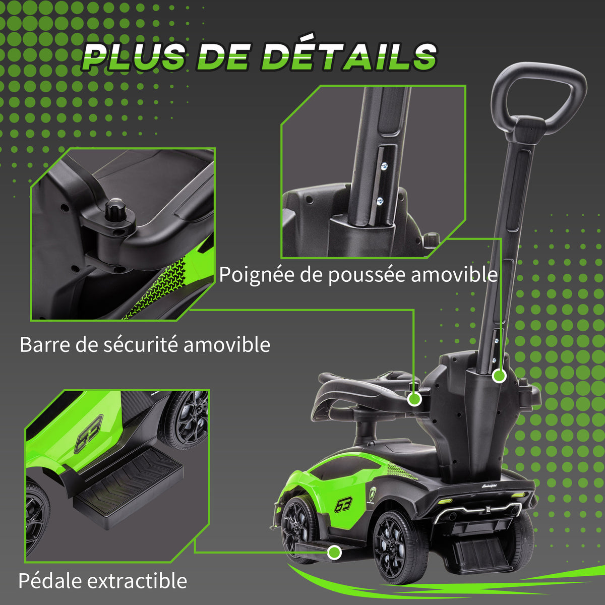 Voiture à pousser pour enfants porteur enfants 1 à 3 ans multi-équipée avec poignée de poussée, klaxon et volant, vert