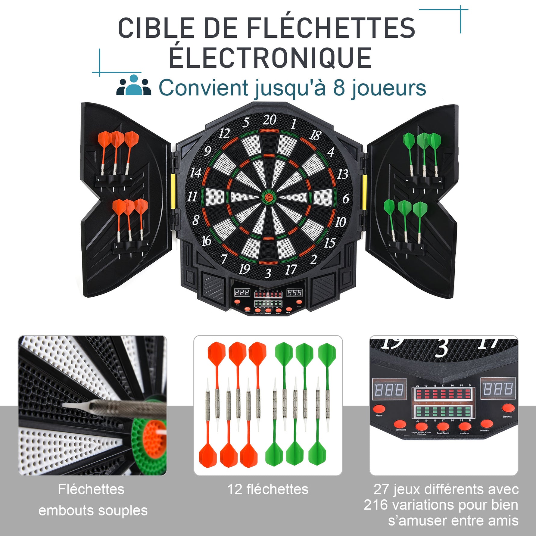 Cible jeu de fléchettes électronique 27 jeux jusqu'à 8 joueurs LED haut-parleur noir