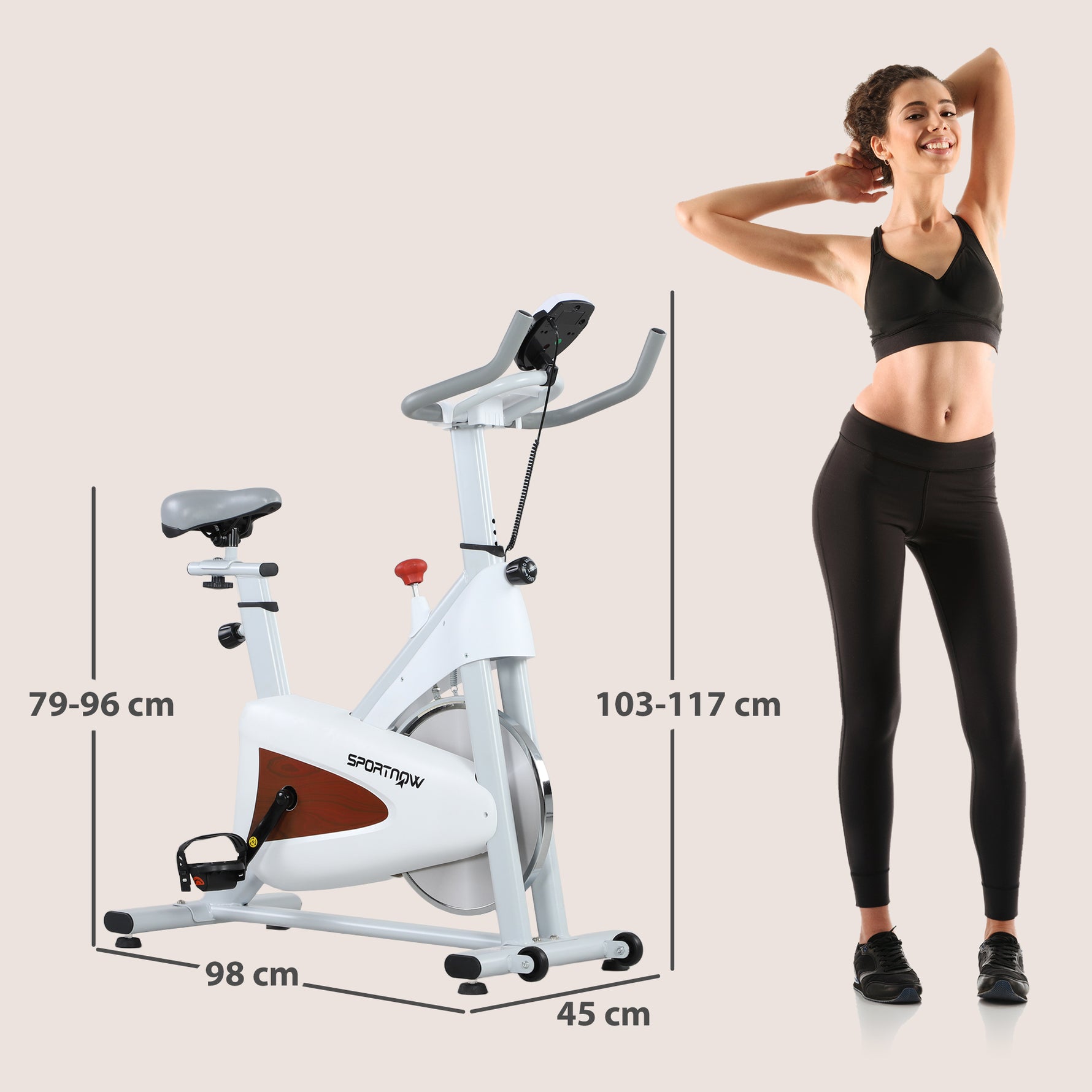 Vélo d'appartement silencieux avec selle et résistance réglables, moniteur LCD, support de tablette, blanc
