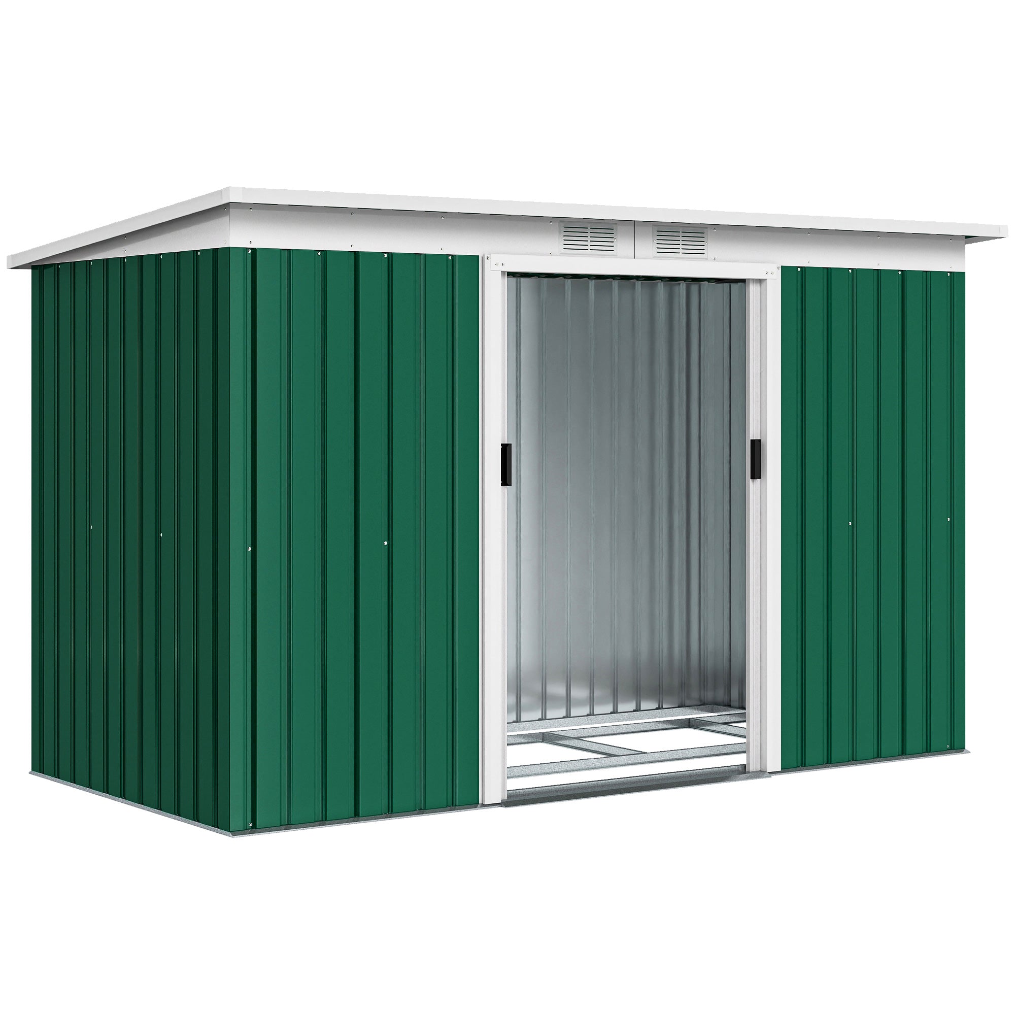 Abri de jardin 3,6 m² 280 x 130 x 172 cm kit de fondation porte coulissante ventilations acier galvanisé vert foncé