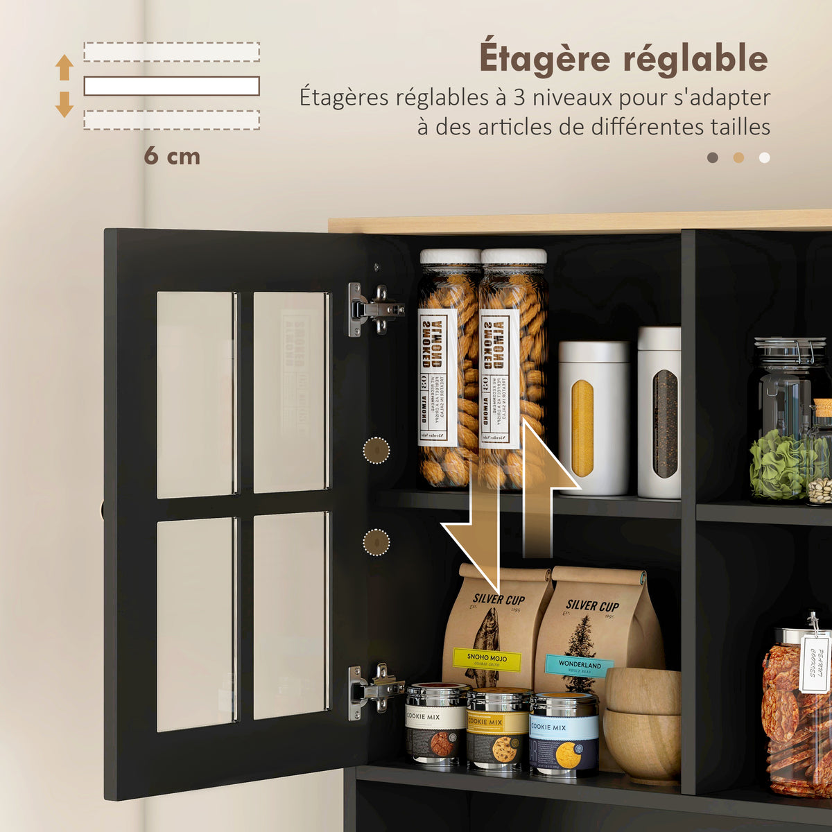 Buffet cuisine, meuble cuisine rangement haut, meuble de rangement avec plan de travail, 3 portes vitrées, 2