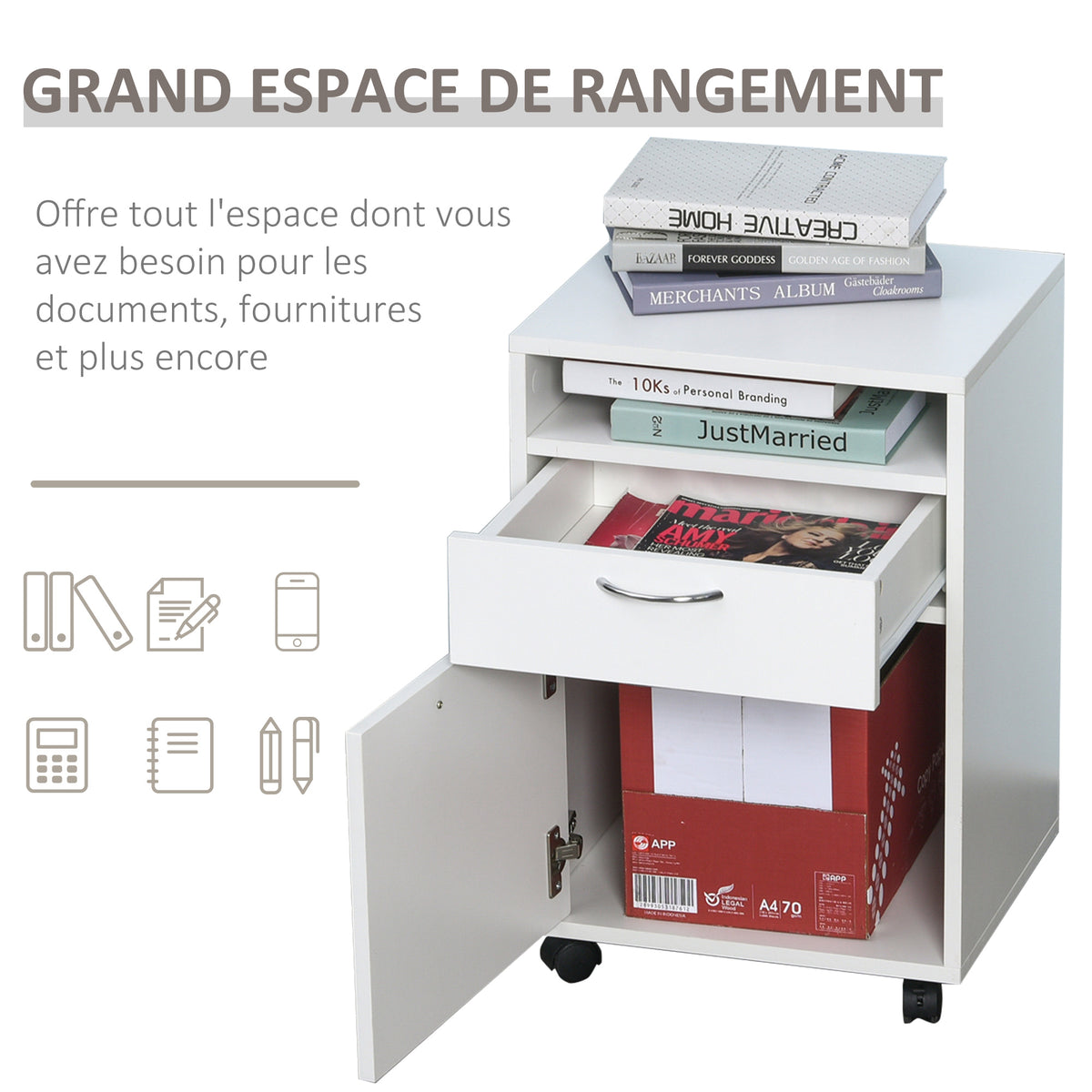 Caisson de bureau rangement bureau sur roulettes tiroir placard niche panneaux particules blanc