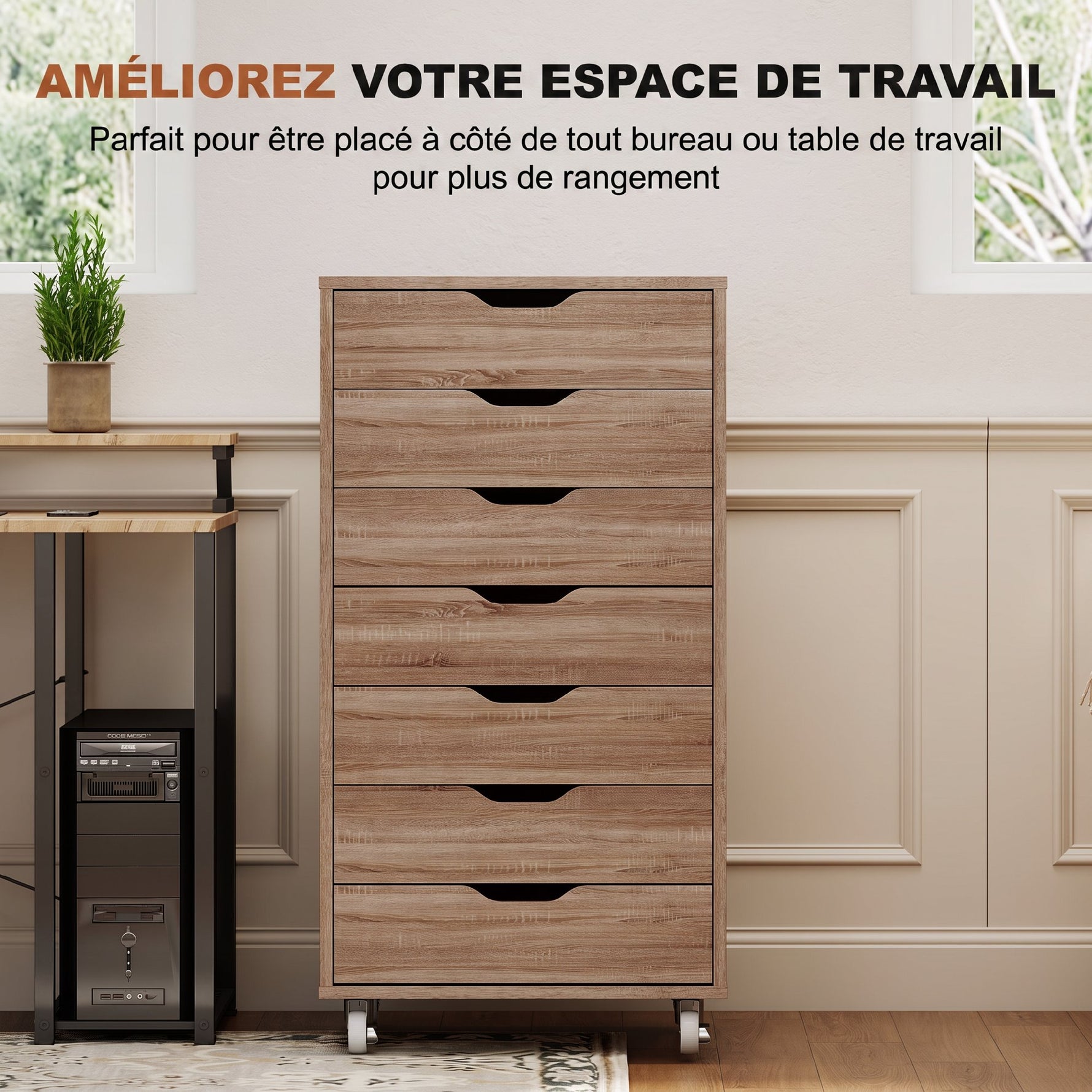 Caisson de bureau à roulette meuble rangement bureau avec 7 tiroirs organisateur pour documents, format A4 ou lettres