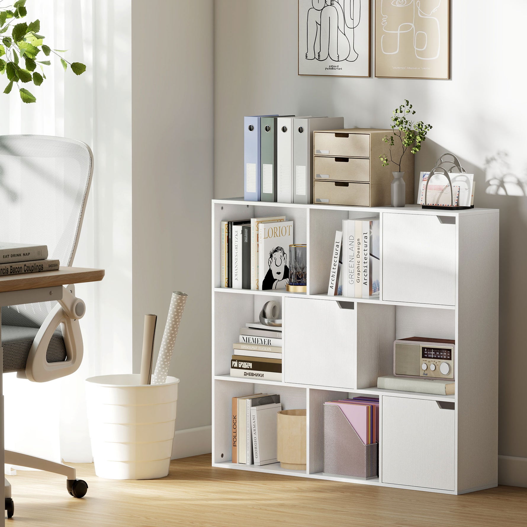 Bibliothèque étagère de rangement 9 cubes avec 3 portes et 6 compartiments ouverts, 106 x 24 x 95 cm, blanc