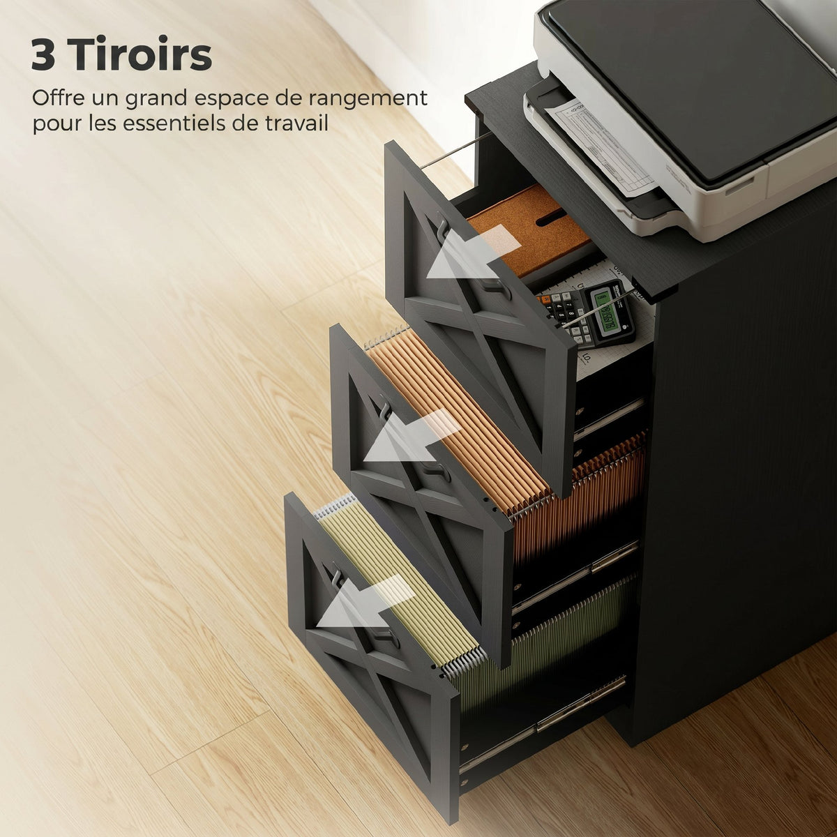 Caisson de Bureau avec 3 Tiroirs, Dossiers Suspendus pour Formats Lettre/A4, Style Rustique, 40x40x101cm, Noir