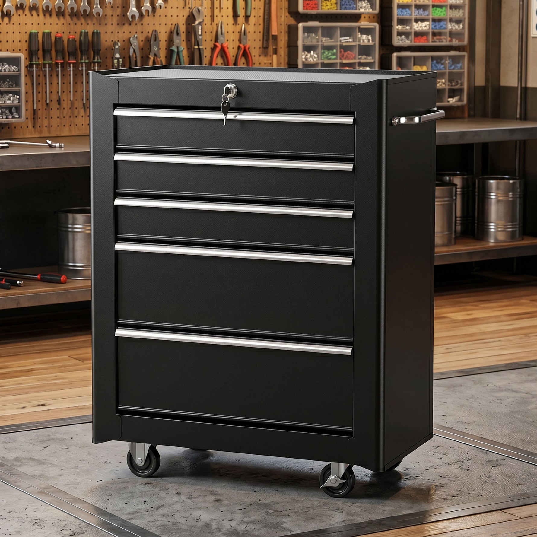 Chariot à outils sur roulettes, Servante d'atelier en acier 5 tiroirs verrouillable 2 clés, 61,5 x 33 x 82,5 cm, noir