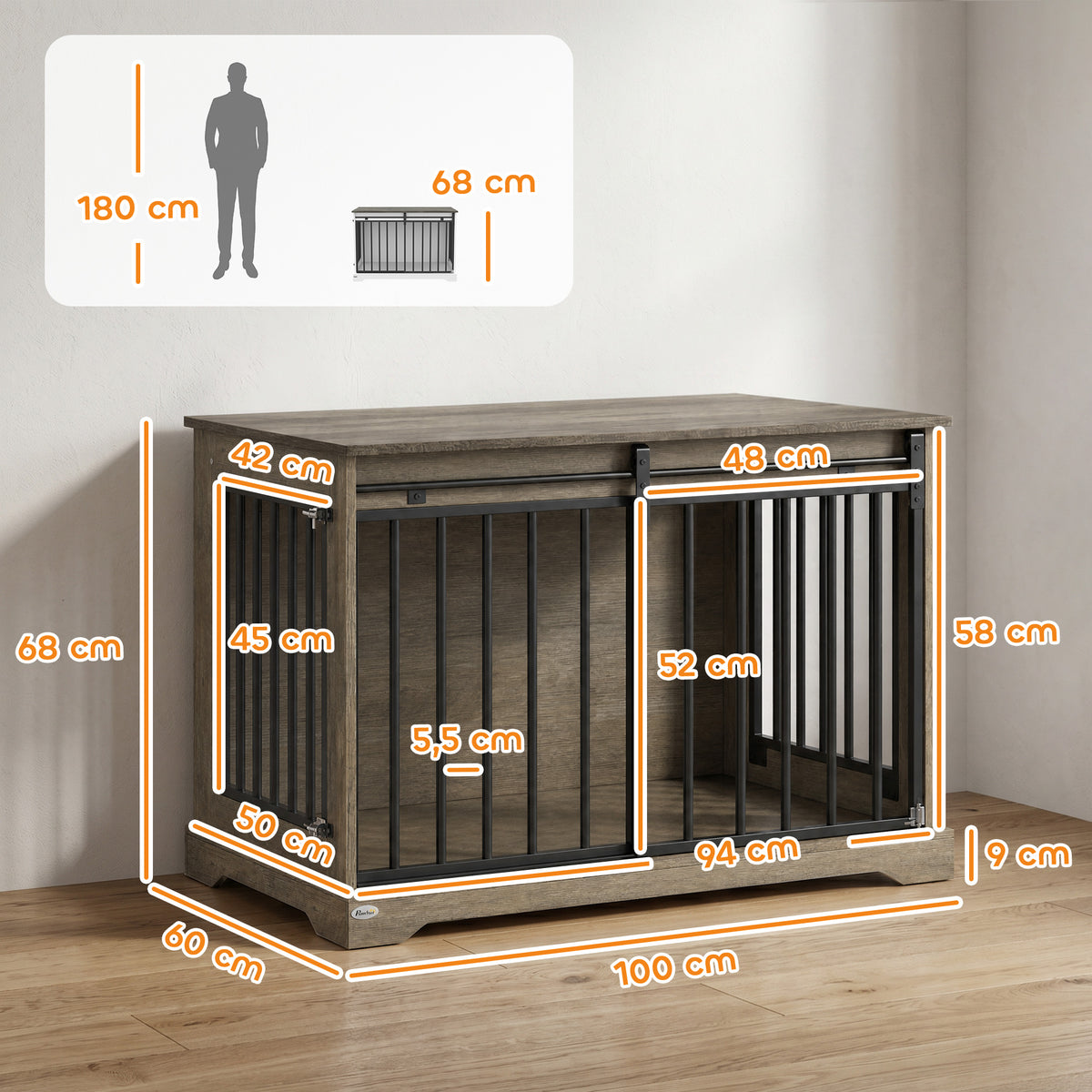 Cage pour Chien en Bois et Acier avec Porte Coulissante, Table d'Appoint, Niche Moderne, 100x60x68cm, Effet Bois Gris