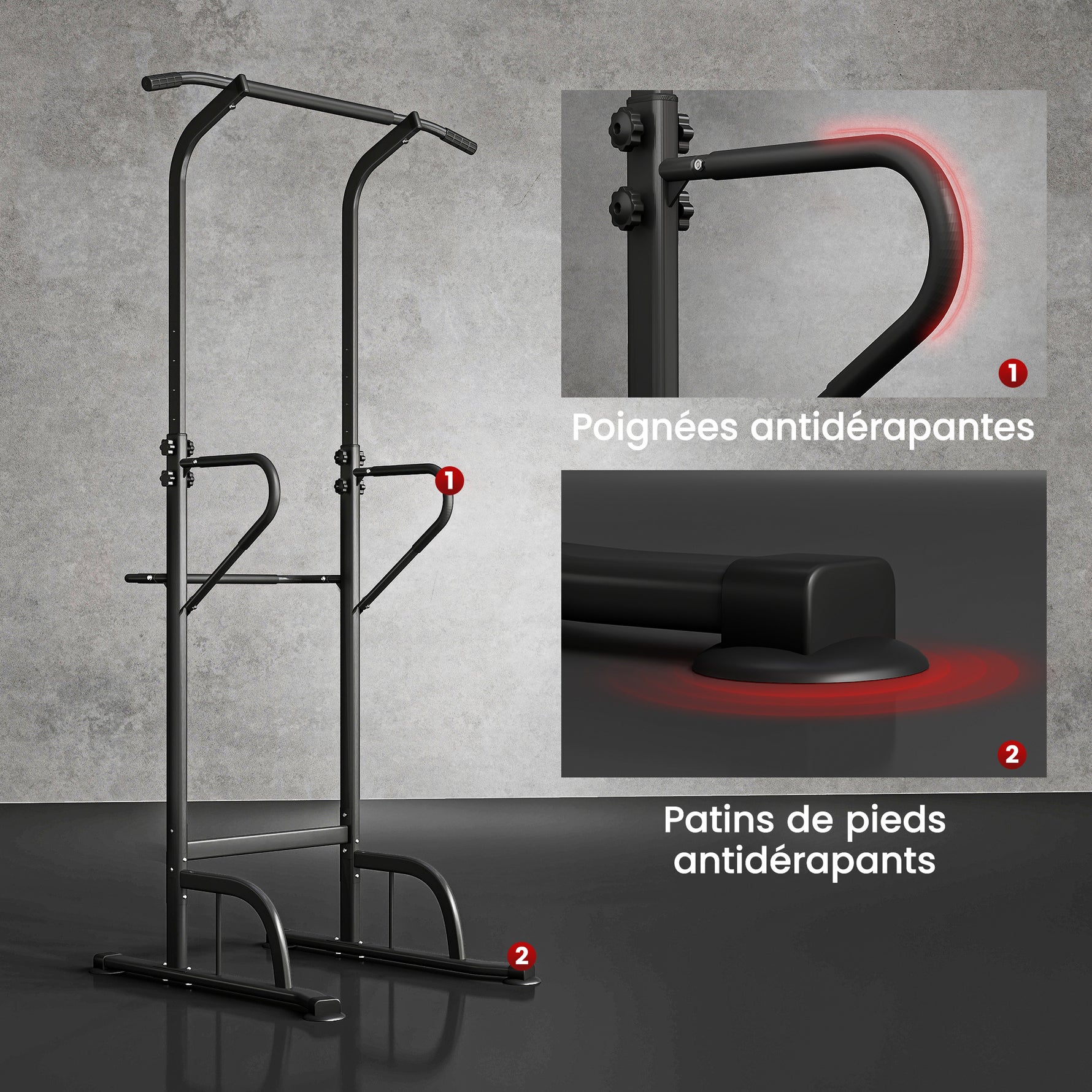 Power Tower Dip Station, Barre de traction, Barre de dips, Hauteur Réglable, Poignées en Forme U, 98x102x180-212cm, Noir