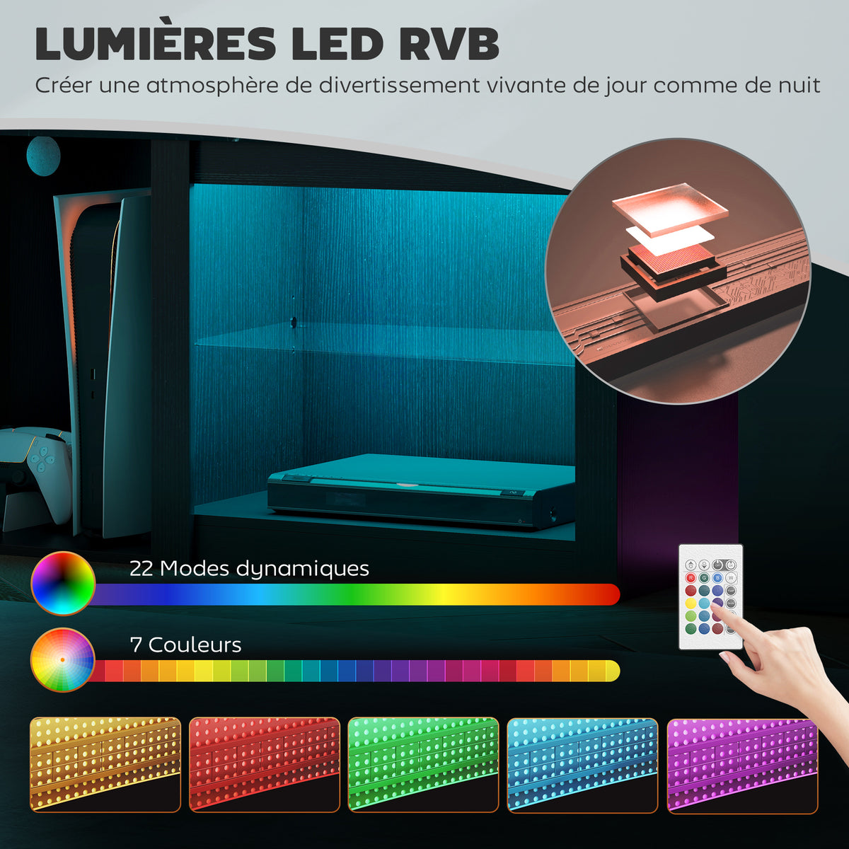 Meuble TV avec éclairage LED pour télévision jusqu'à 70 pouces, 160cm avec étagères en verre réglables, noir
