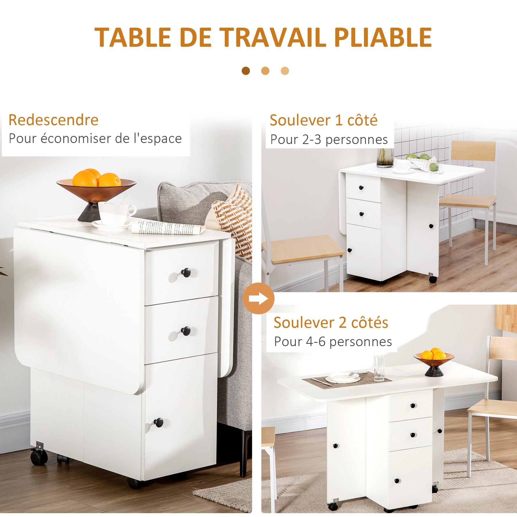Table de cuisine pliable table à manger pliante 2 plateaux rabattables avec 2 tiroirs 1 placard blanc