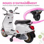 Scooter électrique enfant Vespa 6 V dim. 107L x 47l x 73H cm Musique MP3 Port USB Phare 2 roues d'entraînement - Blanc
