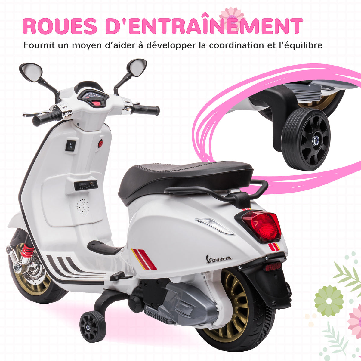 Scooter électrique enfant Vespa 6 V dim. 107L x 47l x 73H cm Musique MP3 Port USB Phare 2 roues d'entraînement - Blanc