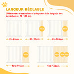 Barrière de sécurité chien barrière extensible 75-145 x 76 cm barrière escaliers couloirs portes sans perçage en acier et ABS blanc