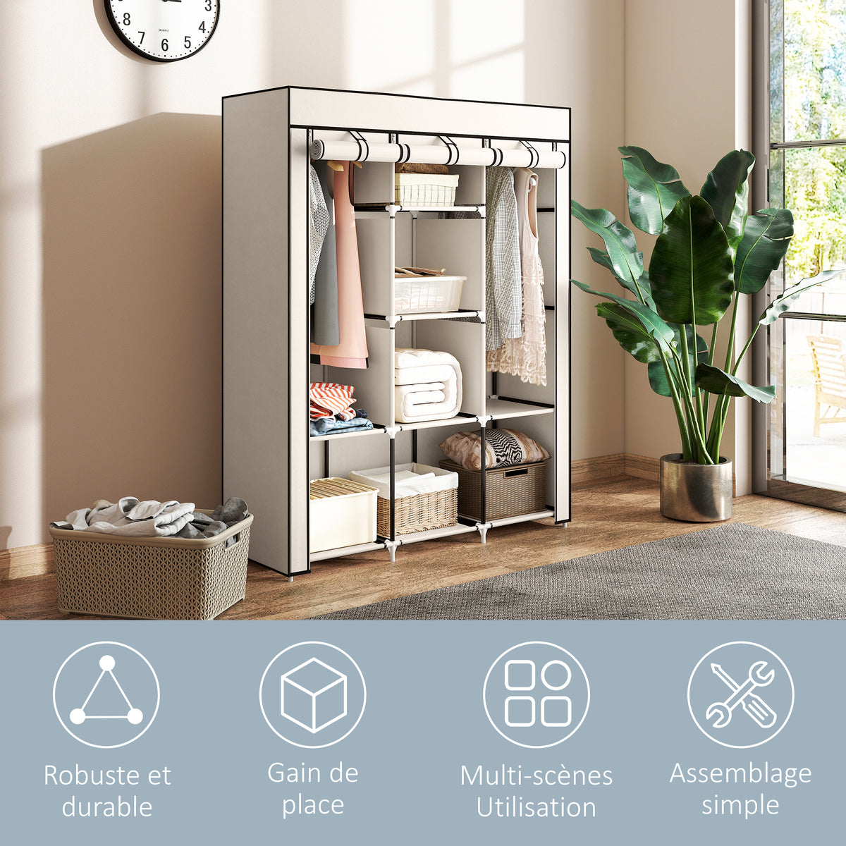 Armoire penderie multi-rangement - 8 étagères, 2 barres - non tissé crème