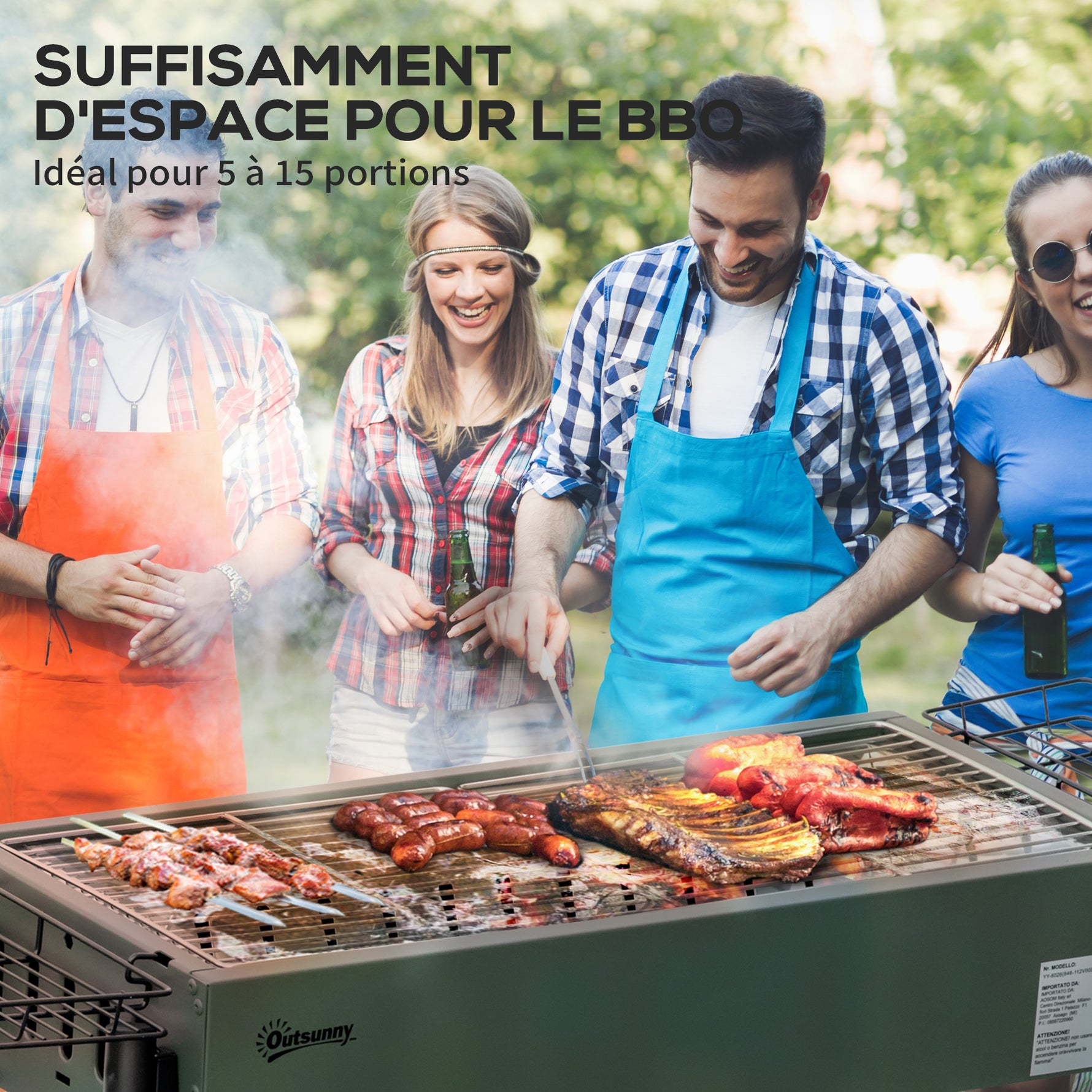 Barbecue au charbon de bois avec 2 grilles portable BBQ Grill sur Pieds amovibles2 paniers latéraux, 94L x 39l x 70H cm