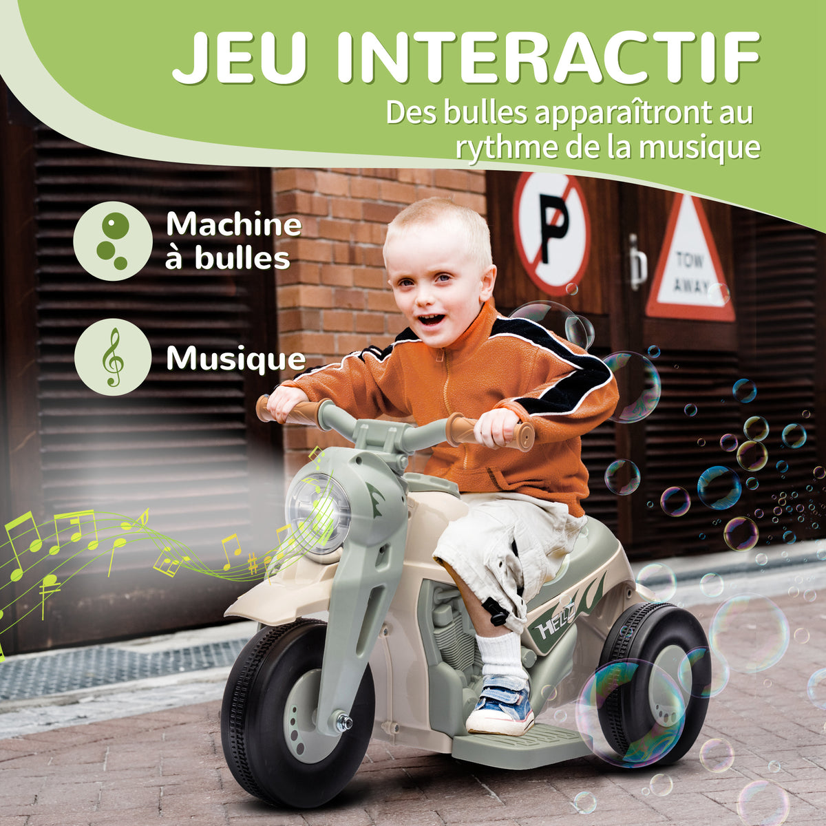 Moto elettrica per bambini 2-5 anni, 3 ruote, 6 V, 3 km/h, con funzione bolle, effetti luminosi e sonori, bianco crema