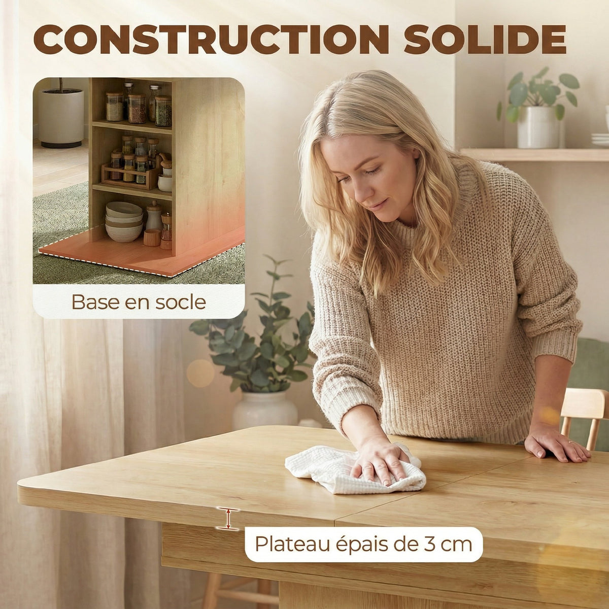 Mesa de comedor rectangular extensible para 4 a 6 personas, mesa de cocina de 110-130 cm, 6 estantes abiertos, madera natural