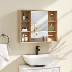 Meuble salle de bain avec miroir, placard à portes et 6 compartiments ouverts, 60 x 14,5 x 49,4 cm, bois naturel