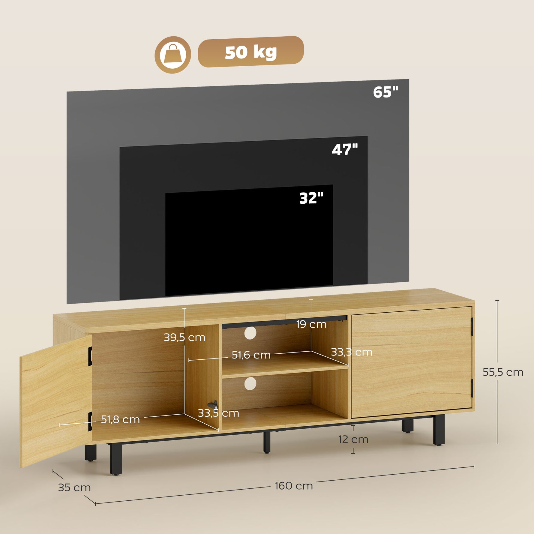 Meuble TV, meuble télé jusqu'à 65 pouces, 2 portes à ouverture par pression et 2 étagères, 160x35x55,5cm, bois naturel