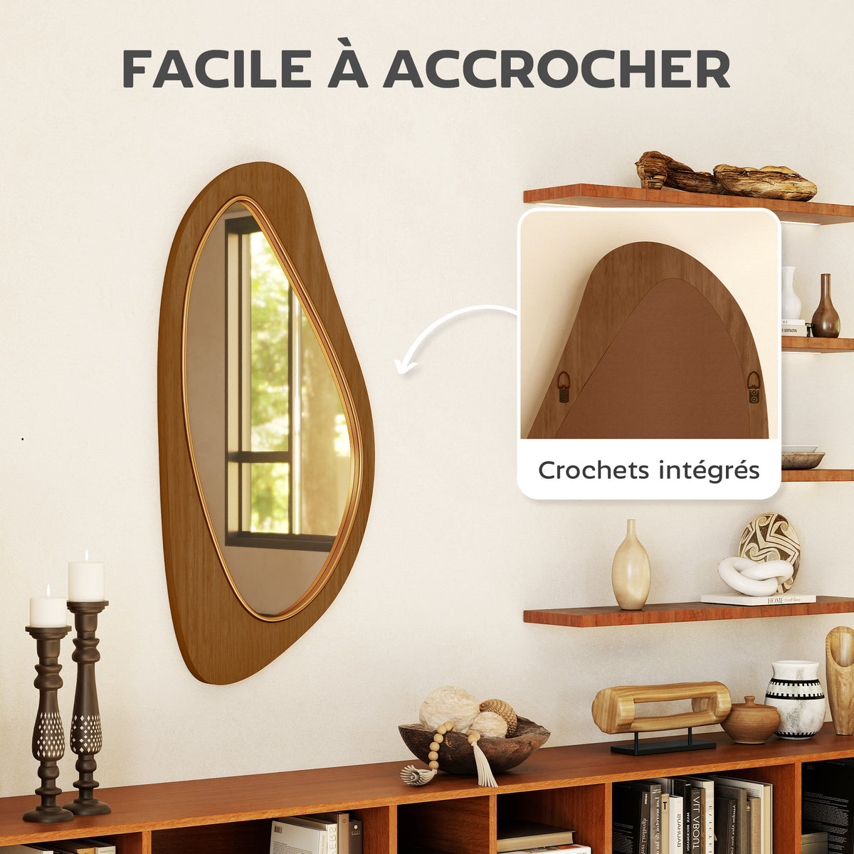 Miroir mural asymétrique 91,5 x 45 cm, miroir suspendu moderne, cadre en bois, effet bois naturel