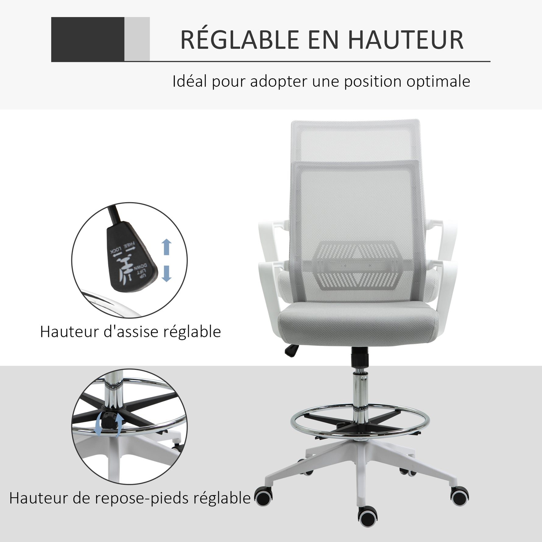 Fauteuil de bureau chaise de bureau assise haute réglable dim. 64L x 59l x 104-124H cm tabouret de bureau pivotant 360° maille respirante gris et blanc