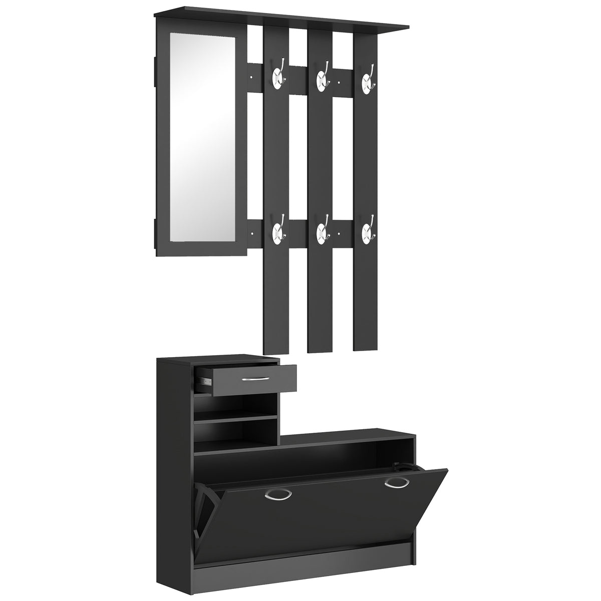Ensembles 3 en 1 de meuble d'entrée vestiaire avec panneau porte-manteau, miroir et banc à chaussures noir