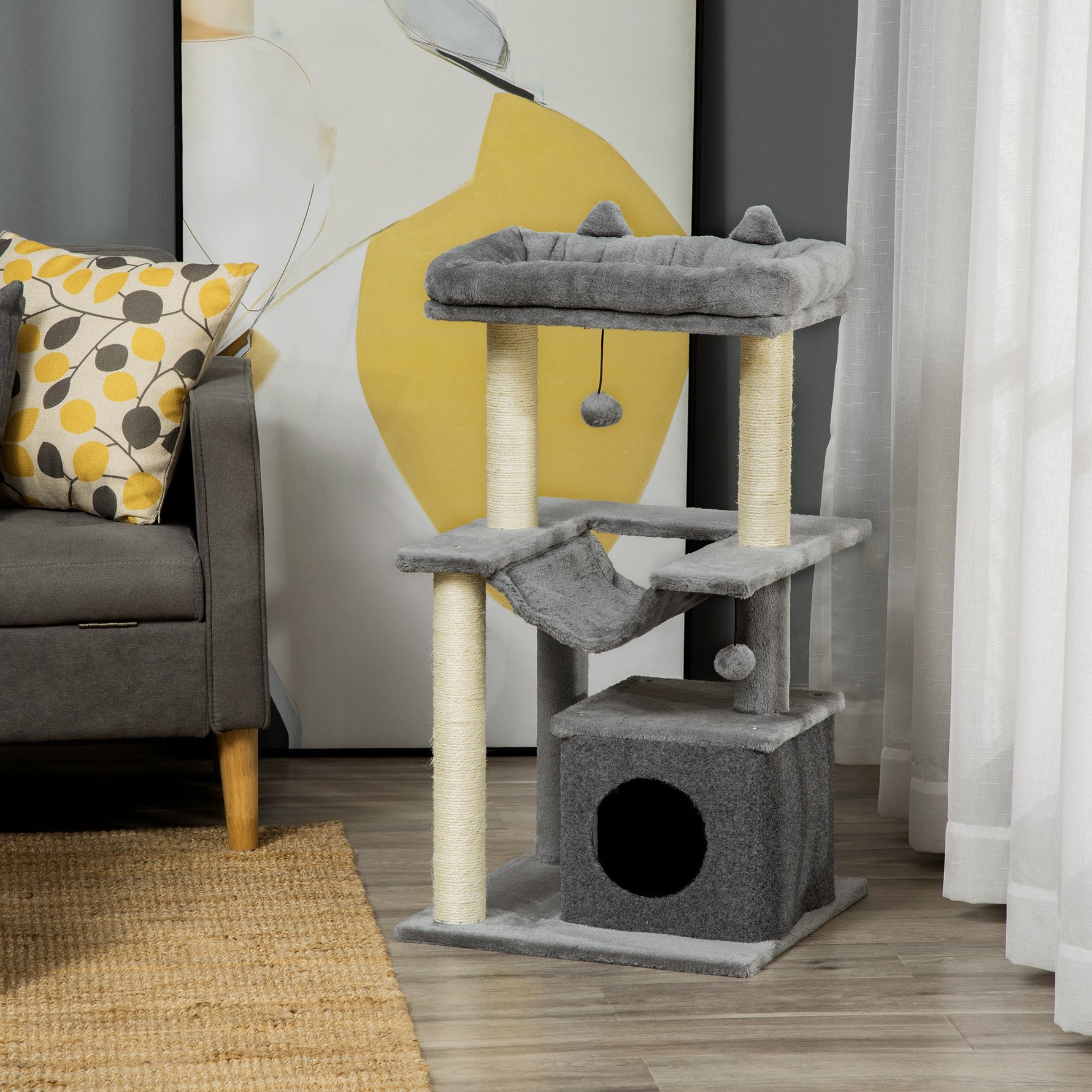 Arbre à chat avec griffoir, en tissu peluche, tour de jeux pour chat, lit, niche, hamac, plateforme 48 x 48 x 90 cm gris