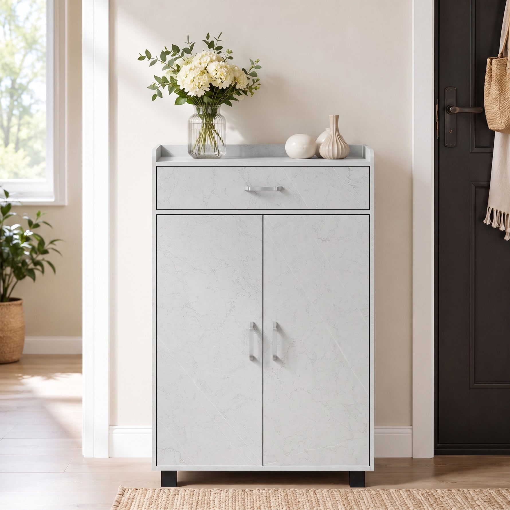 Meuble à Chaussures, Armoire à Chaussures avec 2 Portes, Tiroir, 5 Compartiments et Étagères Réglables, Gris