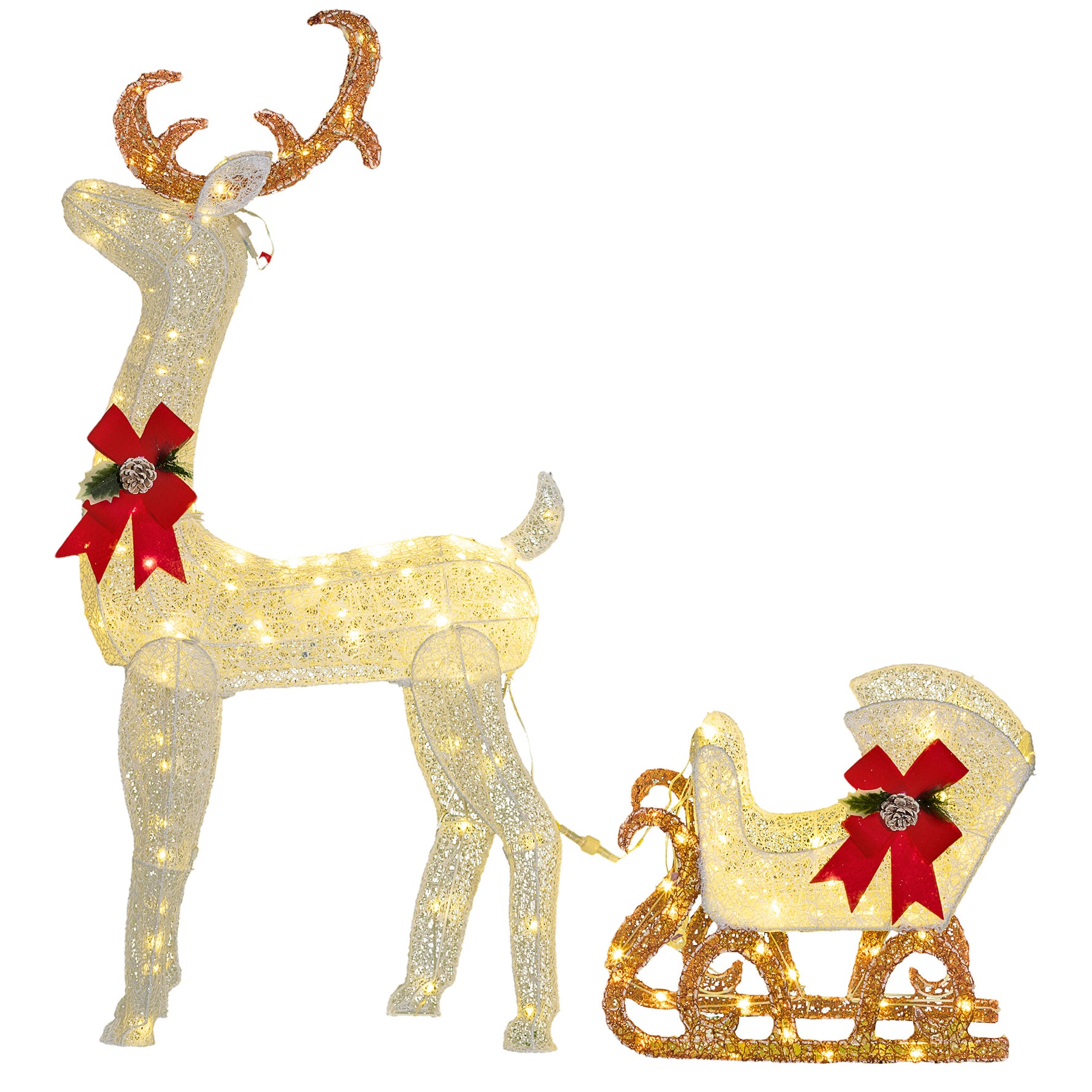 Renne et traîneau lumineux de Noël avec 170 LED blanc chaud, décoration de Noël pour intérieur et extérieur, 50x29x42cm