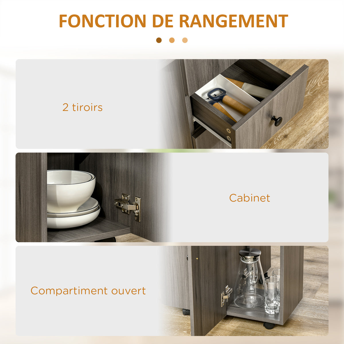 Table de cuisine pliable table à manger pliante 2 plateaux rabattables avec 2 tiroirs 1 placard gris