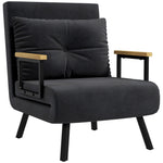 Fauteuil convertible 4 en 1 lit 1 place dossier 5 positions, accoudoirs en bois et coussin, tissu effet velours, noir