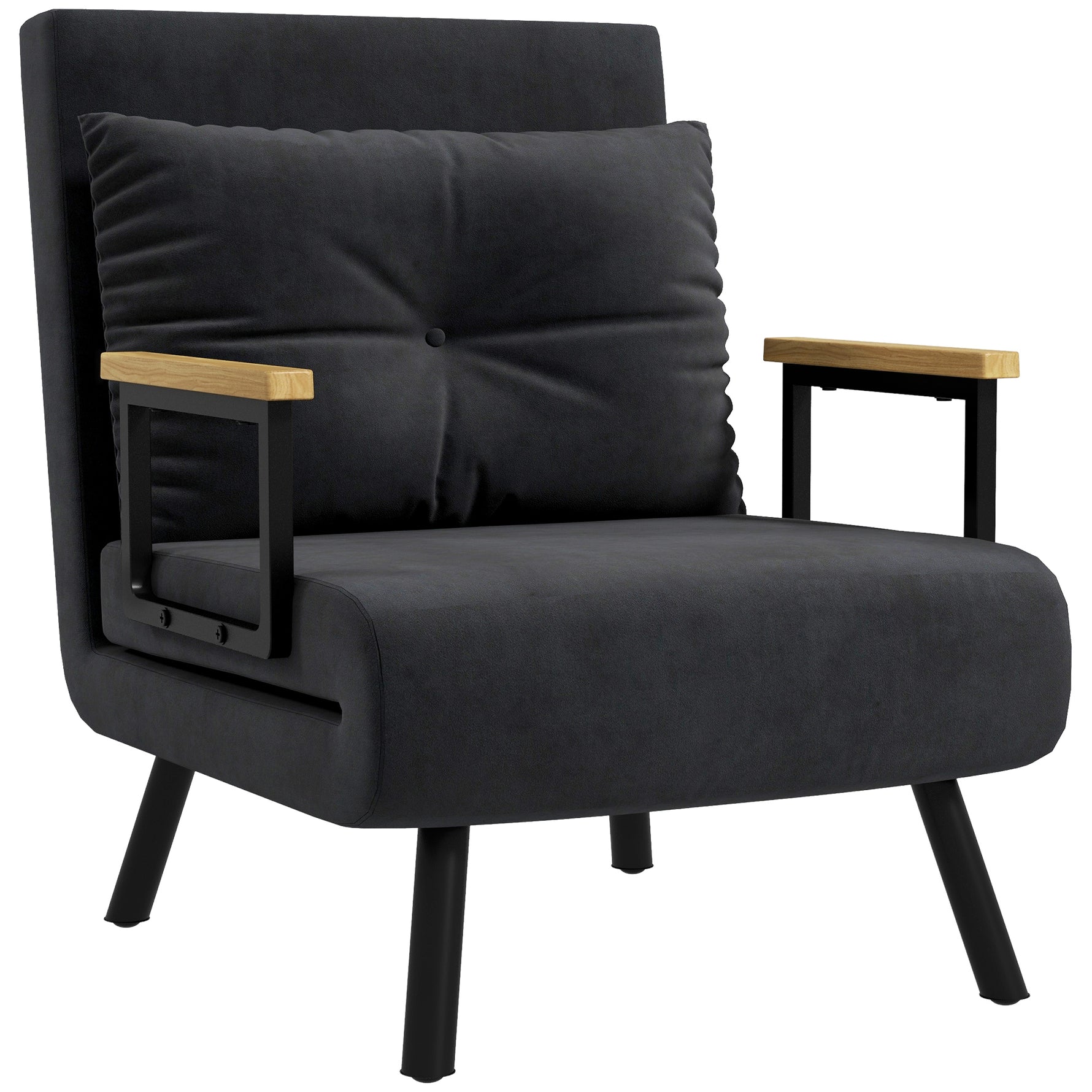 Fauteuil convertible 4 en 1 lit 1 place dossier 5 positions, accoudoirs en bois et coussin, tissu effet velours, noir