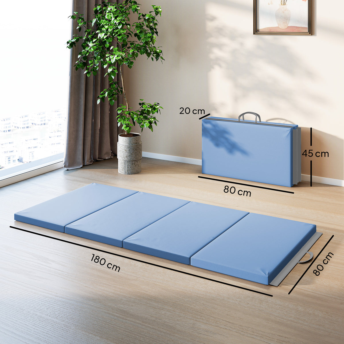 Tapis de gymnastique yoga pilates fitness pliable en 4 avec poignées revêtement synthétique 180 x 80 x 5 cm bleu clair