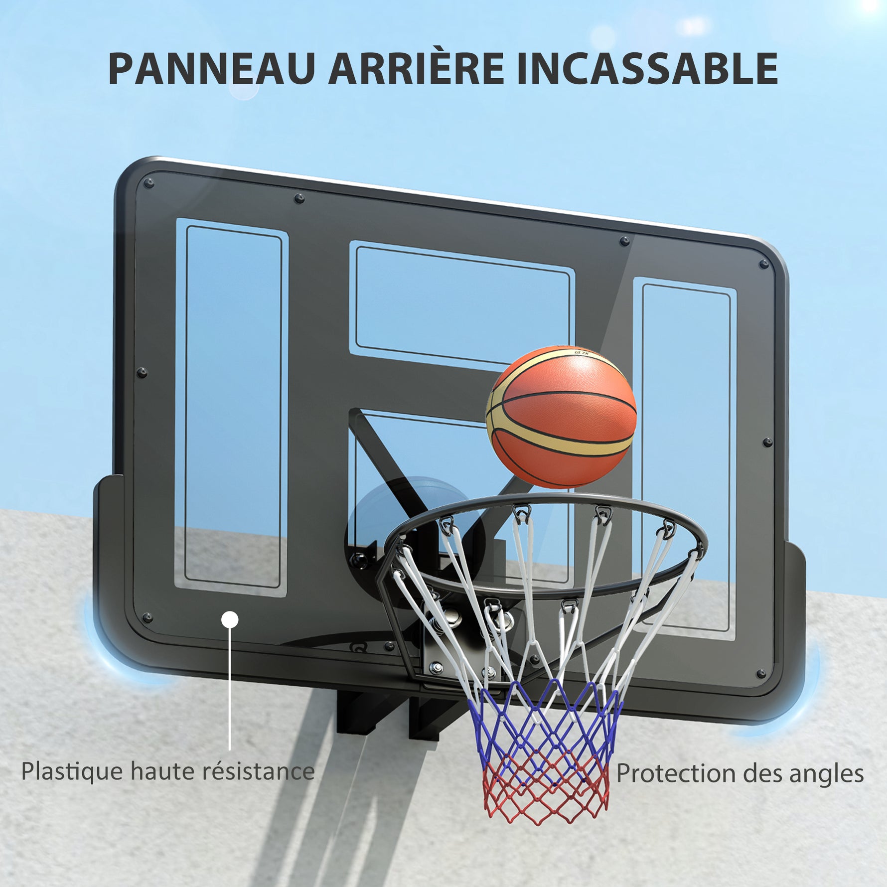 Panier de basket mural panier basket avec panneau incassable cerceau en acier et filet indéchirable 110L x 75H cm noir
