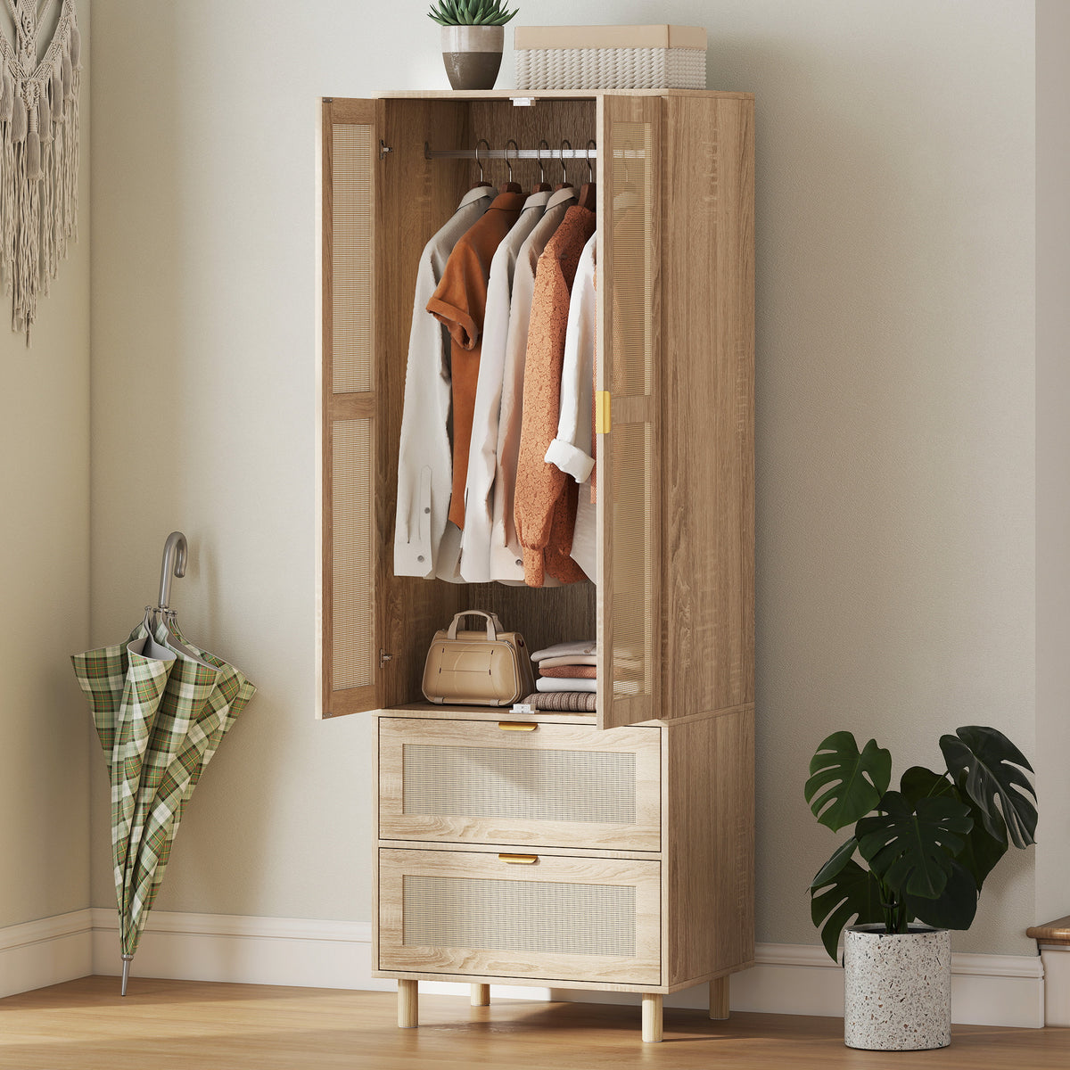 Schlafzimmerschrank mit 2 Rattantüren, 2 Schubladen und Kleiderstange, 63 x 47 x 185 cm, Naturholz