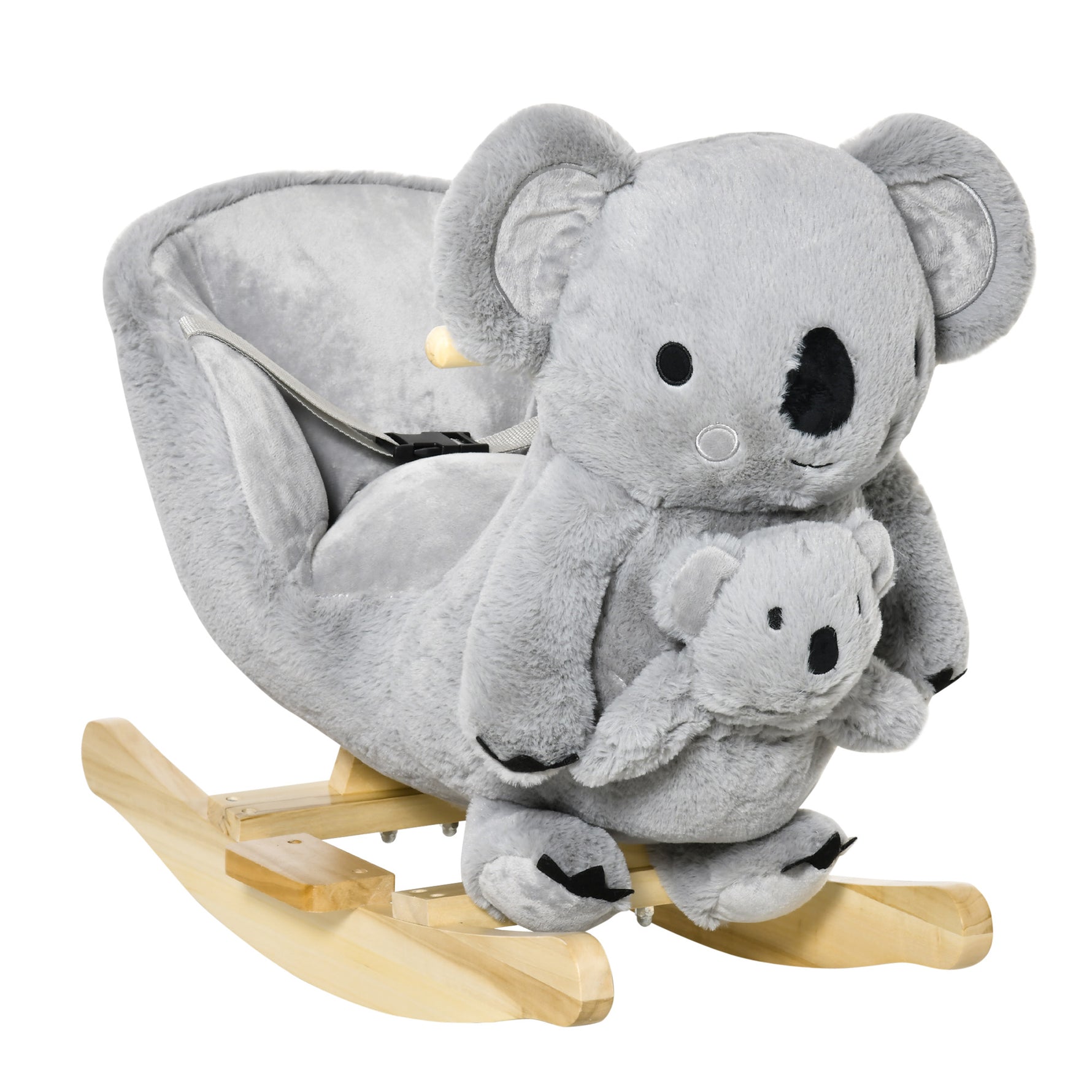 Jouet à Bascule Koala avec marionnette - Effet sonore Rugissement - Fauteuil intégré, Ceinture de sécurité - pour 18-36 mois - Bois peuplier Peluche Courte Polyester Gris