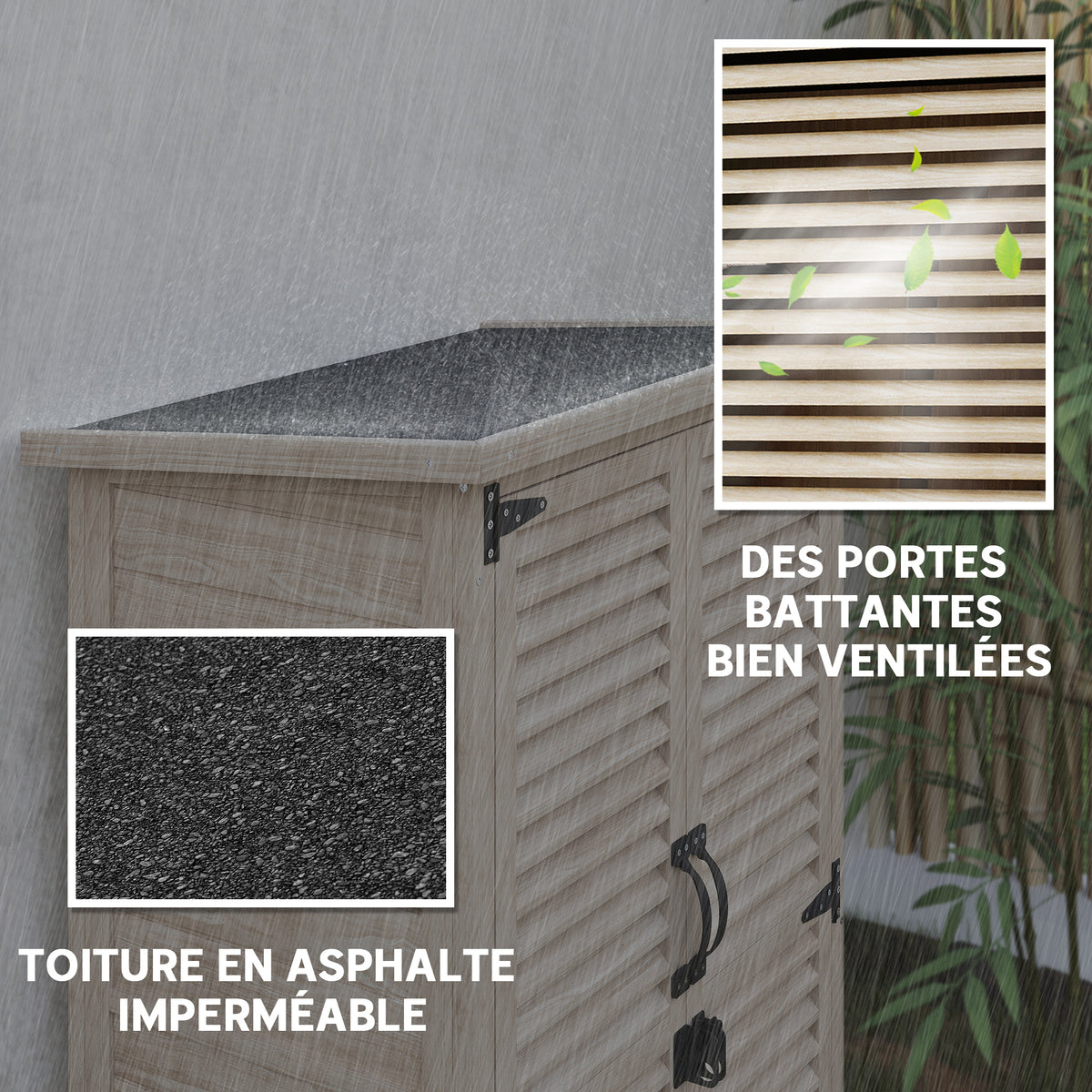 Armoire de jardin remise pour outils en bois 2 étagères toit bitumé portes persiennes verrouillable 75 x 50 x 118