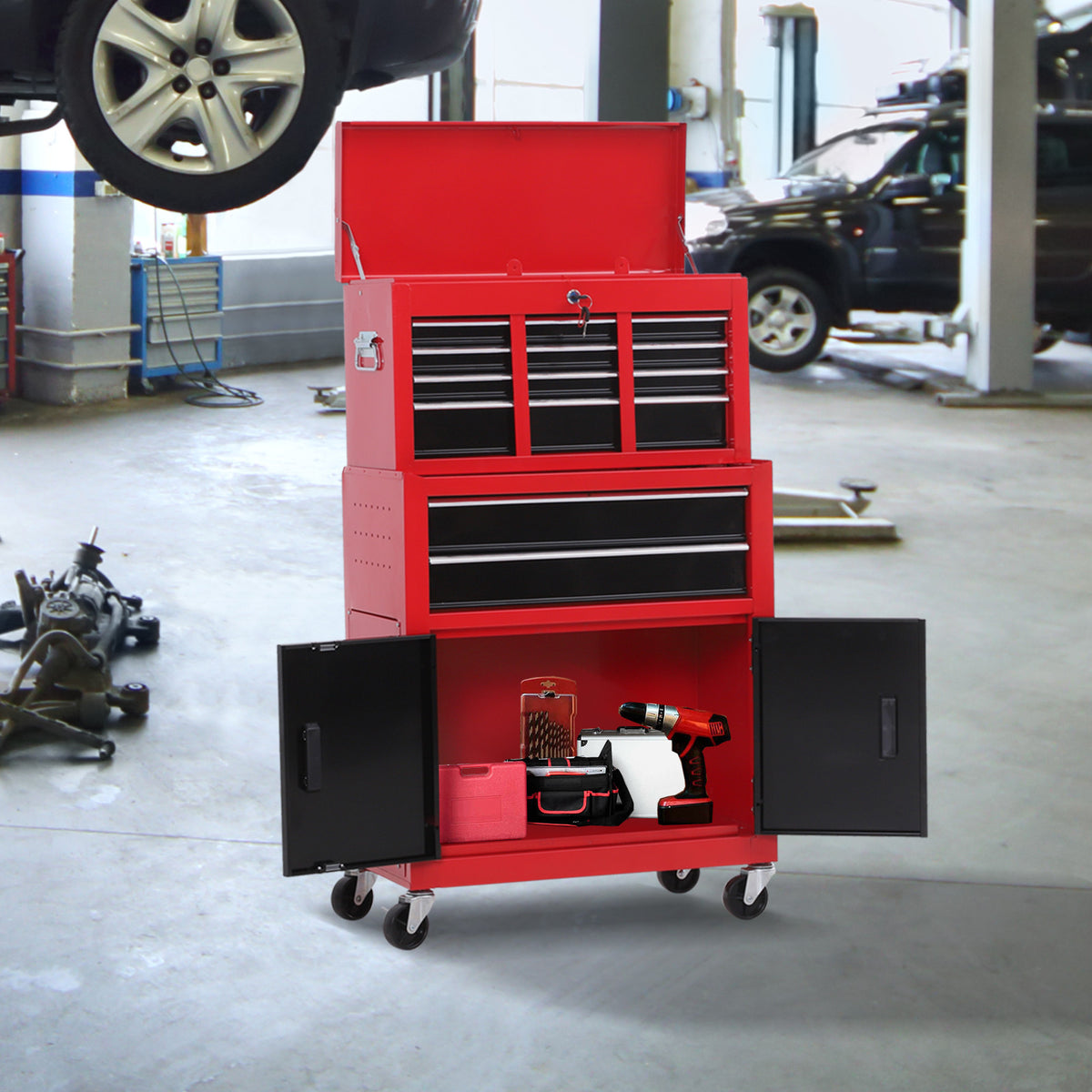 Servante d'atelier servante/ caisse à outil 6 tiroir +1 commode coffre amovible chariot acier rouge et noir