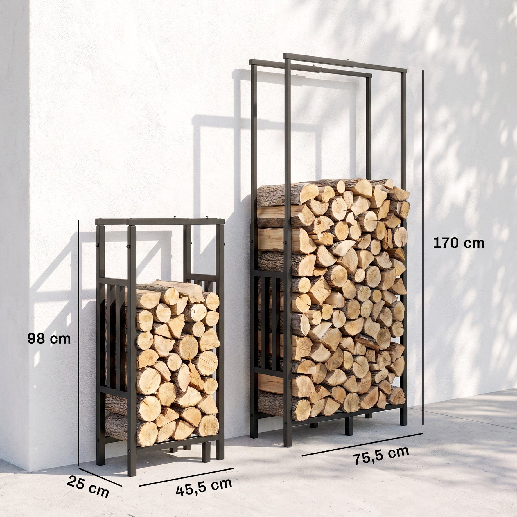 Range Bûches en Acier, Largeur & Hauteur Réglables, Étagère pour Bois de Cheminée, Charge 100 kg, 75,5x25x170cm, Noir