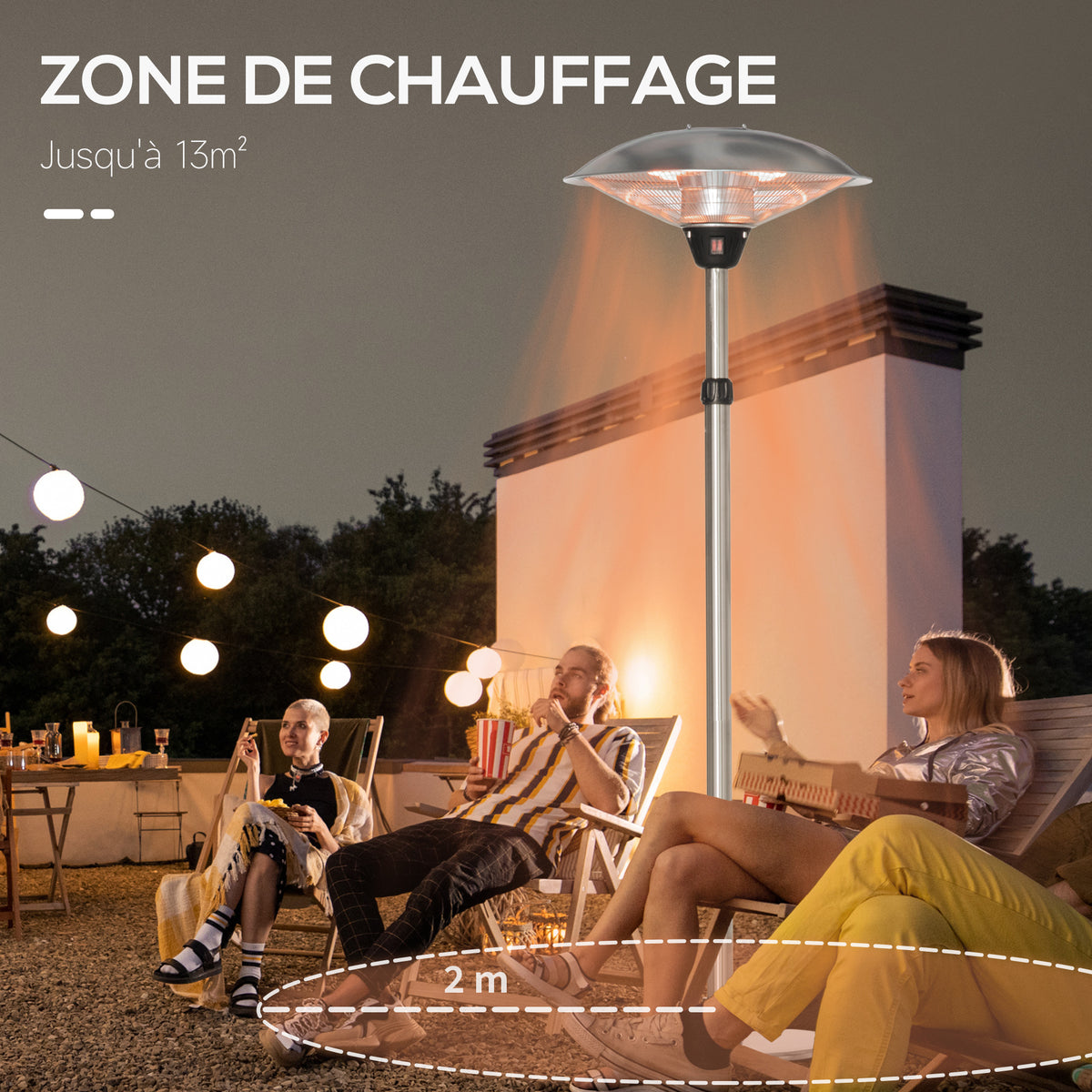 Parasol chauffant électrique 3000W chauffage d'appoint sans CO₂ 13 m² et IP44 - chauffage infrarouge sur pied 3 puissances de chauffe - hauteur réglable de 160 à 200 cm acier inox. argent