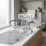 Tabouret de douche, tabouret de bain avec siège rembourrée en U amélioré et accoudoirs, hauteur réglable, gris