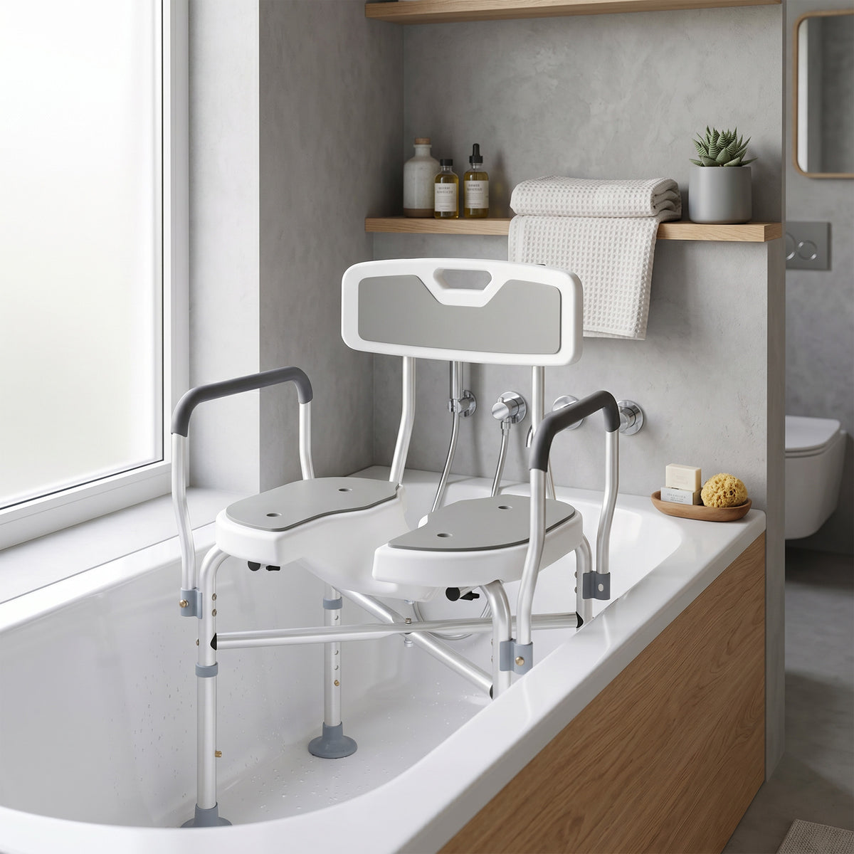 Tabouret de douche, tabouret de bain avec siège rembourrée en U amélioré et accoudoirs, hauteur réglable, gris
