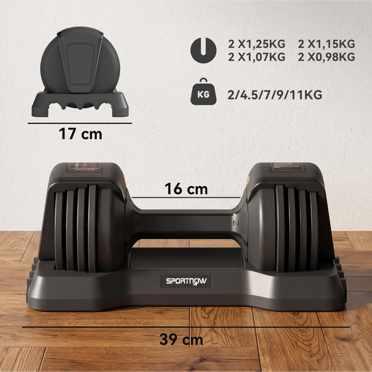 Schnell verstellbare Hanteln, 5 Stufen, 2 x 11 kg, Sicherheitsverschluss, rutschfester Griff, Ablageschalen, Schwarz